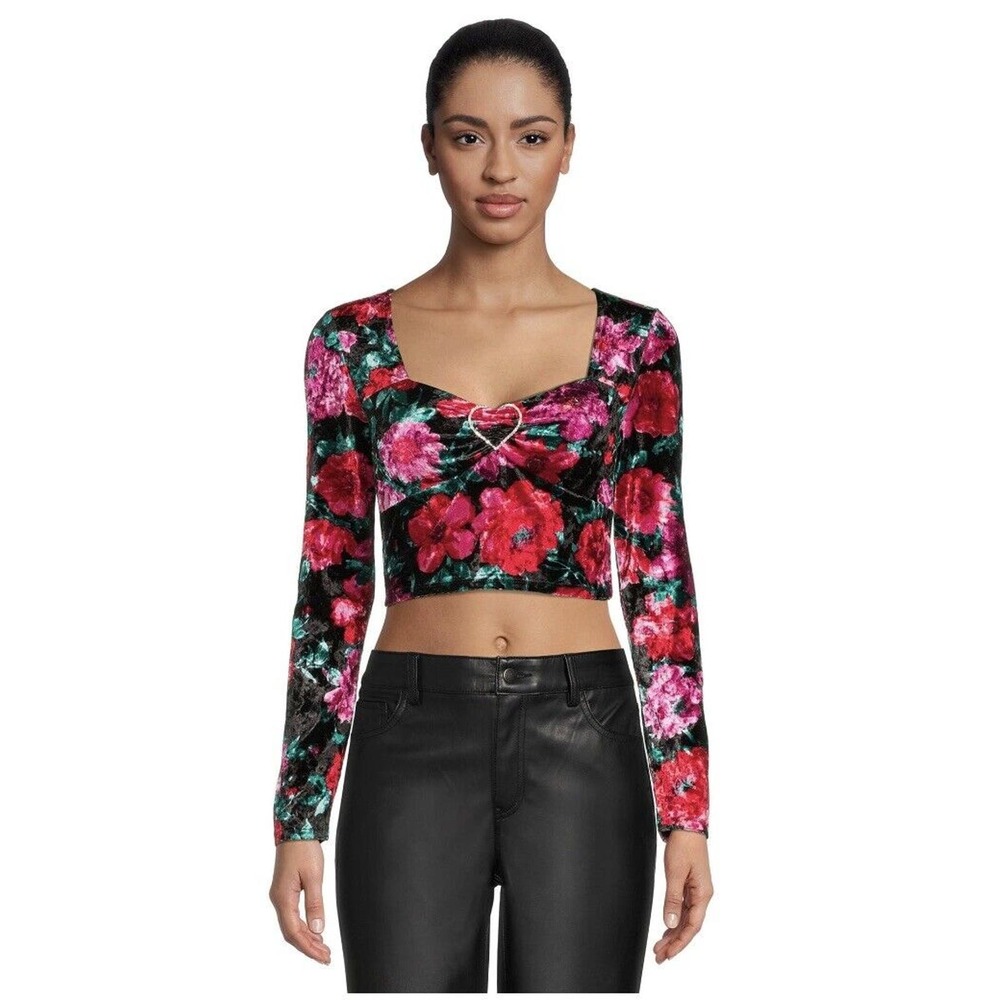 Madden NYC Junior's XXXL (21) Velour Cropped Top Floral soft Rhinestone Heart